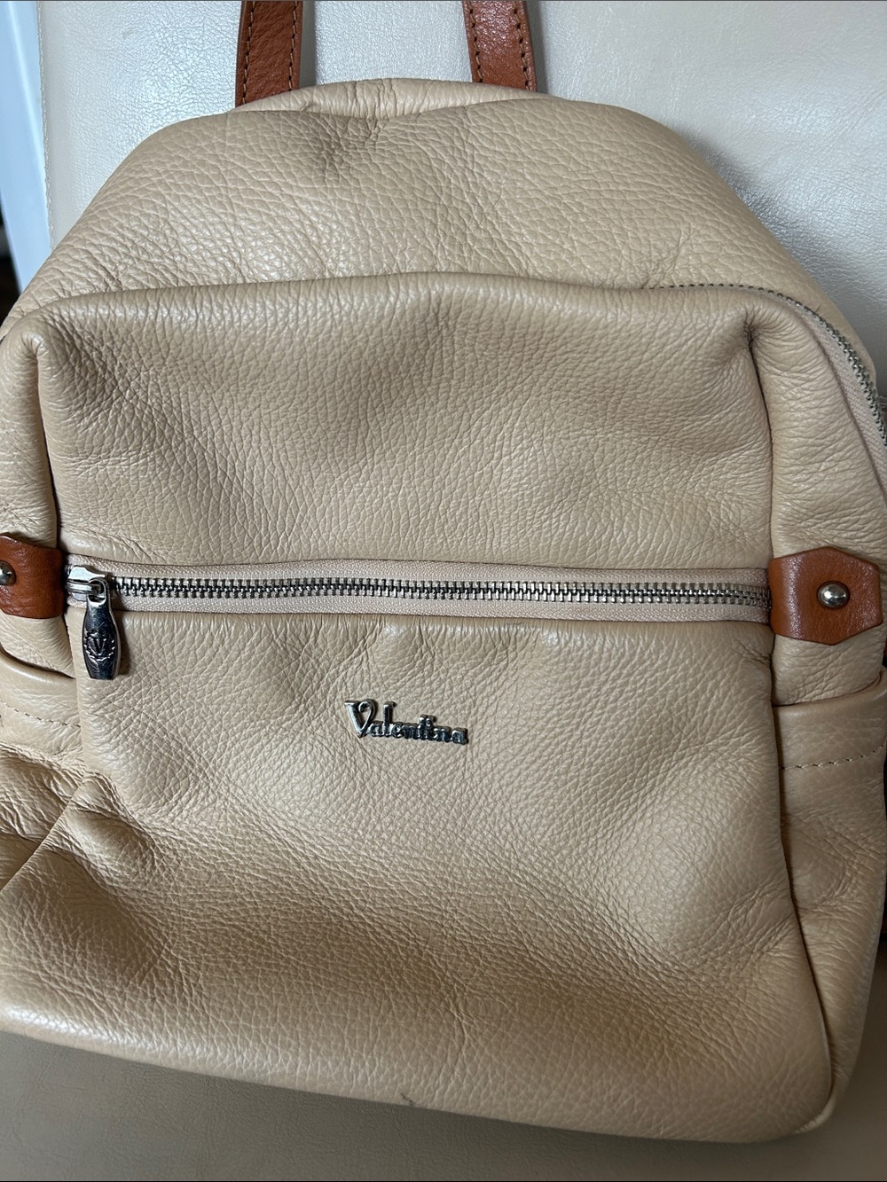 Valentina Cream Leather Backpack with Brown Trim